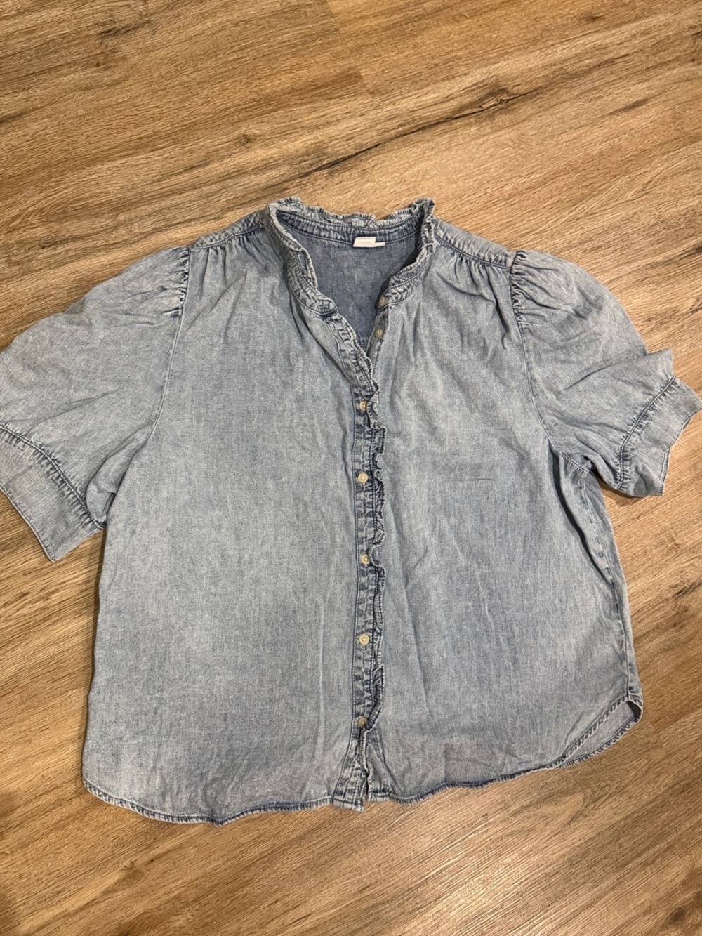 GAP Light Blue Cotton Denim Ruffle-Trim Button Front Top